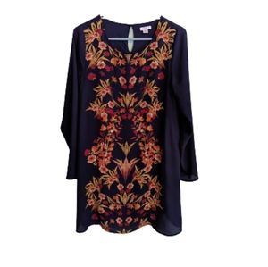Xhilaration Navy Blue Dress with Floral Design, Size Medium